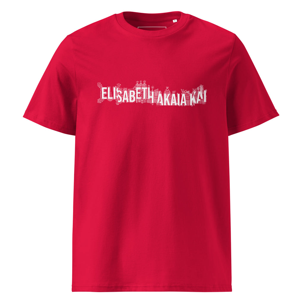 Vue de face du t-shirt KAÏ rouge pour homme : col rond, manches courtes et signature graphique blanche de la Maison sur la poitrine.