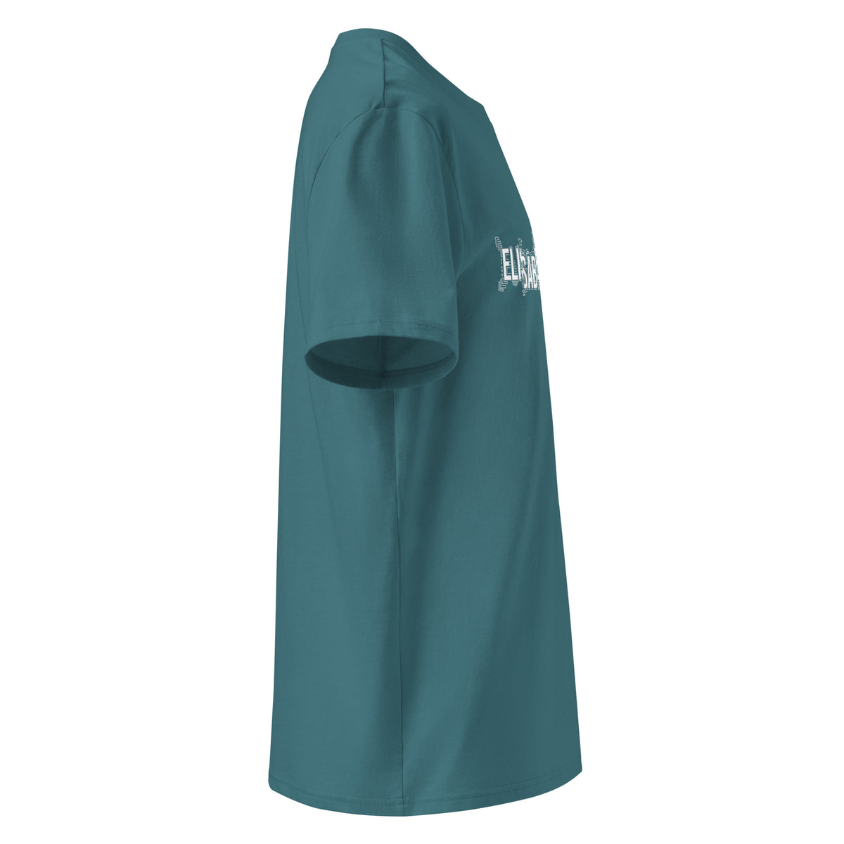 Profil droit du t-shirt KAÏ vert Stargazer pour homme, avec aperçu de son motif blanc sur la poitrine.