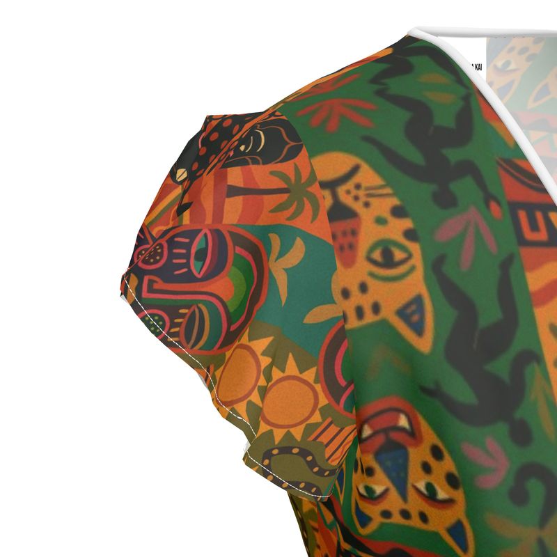 robe portefeuille afro chic en tissu crêpe imprimé durable, avec volants au bas et aux épaules.