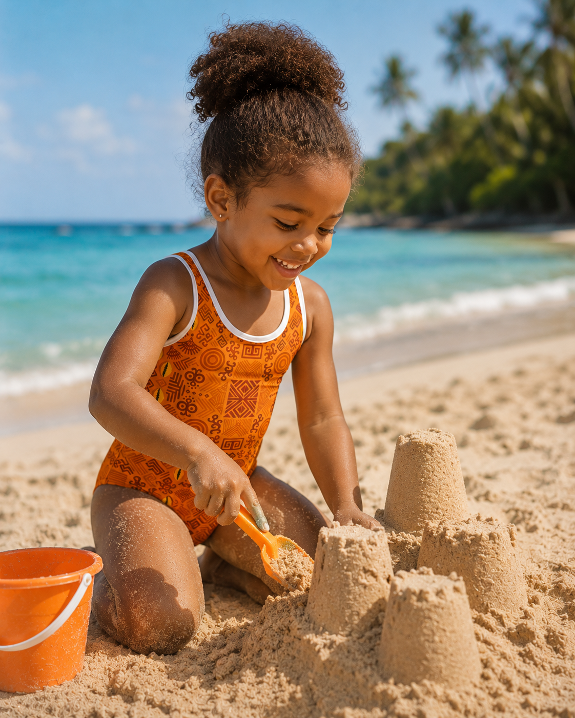 Le maillot de bain Luma accompagne les aventures des enfants sur la plage. Un modele resistant, confortable et ideal pour construire des chateaux de sable sous le soleil.
