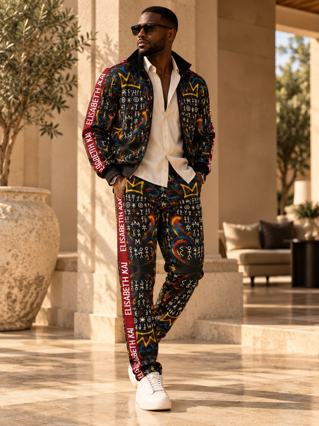 Mannequin homme portant la veste et le pantalon MIENGO SEKIANI, ensemble de survêtement imprimé multicolore, en décor architectural élégant.