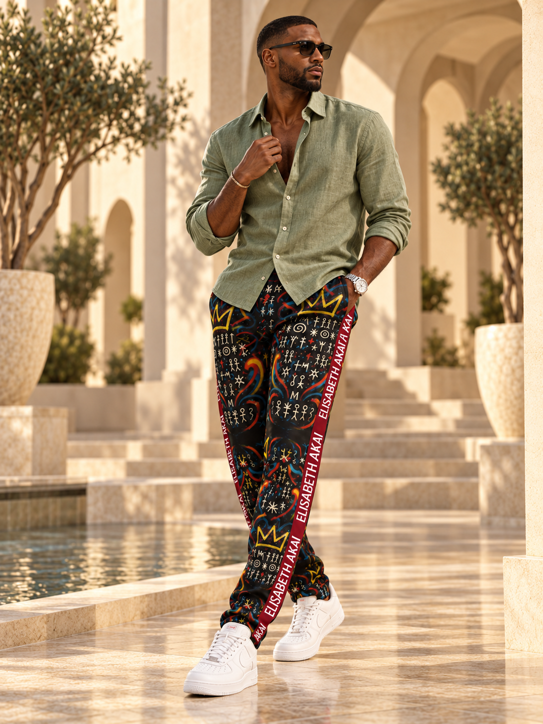 Mannequin portant le pantalon homme MIENGO SEKIANI à motifs artistiques noirs et colorés, associé à une chemise vert sauge.