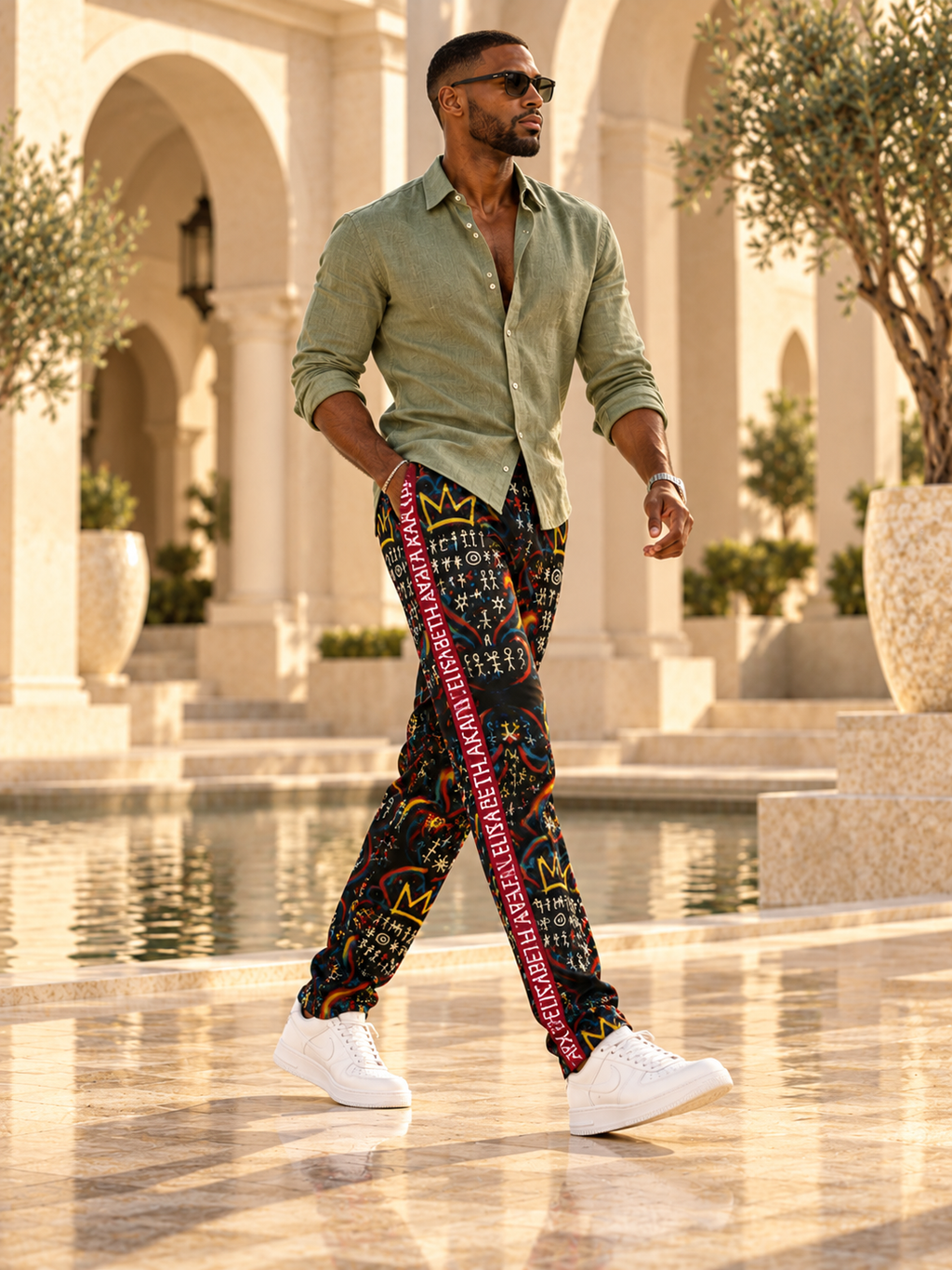 Look contemporain en mouvement : pantalon de survêtement homme MIENGO SEKIANI, chemise vert sauge et baskets blanches.