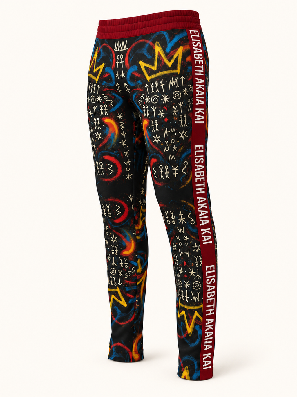 Pantalon de survêtement homme MIENGO SEKIANI présenté de trois quarts, imprimé artistique multicolore sur fond ivoire.
