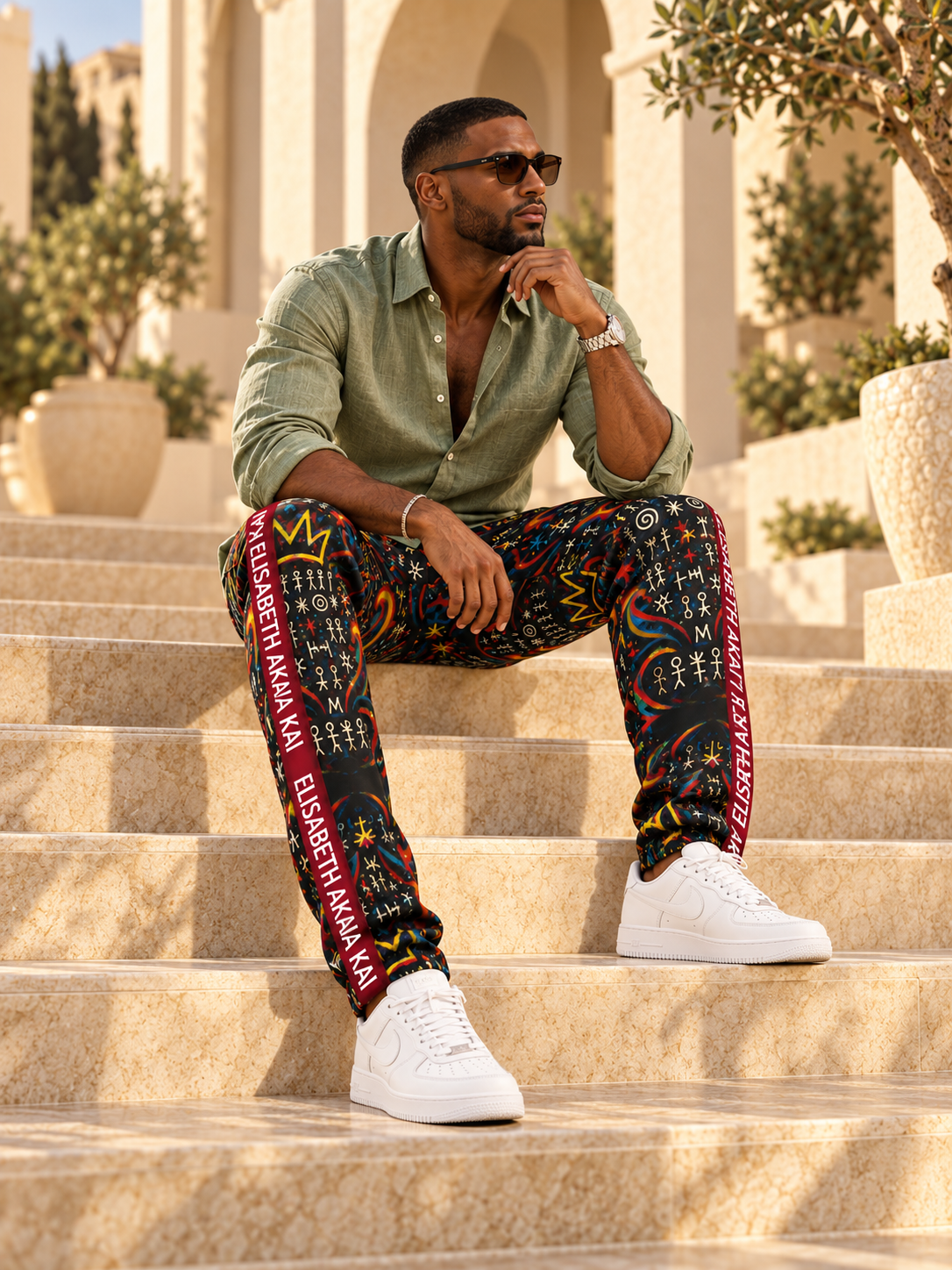 Pantalon de survêtement MIENGO SEKIANI porté par un mannequin homme assis, avec chemise vert sauge, en lumière naturelle.