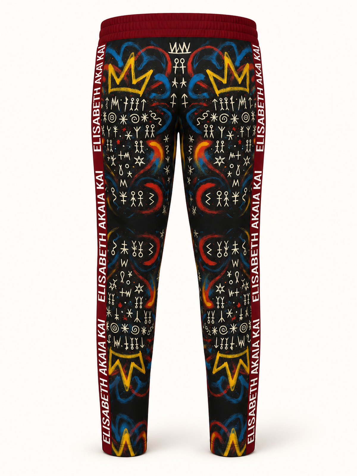 Vue arrière du pantalon de survêtement MIENGO SEKIANI pour homme, imprimé pictural noir, bleu, rouge et jaune.