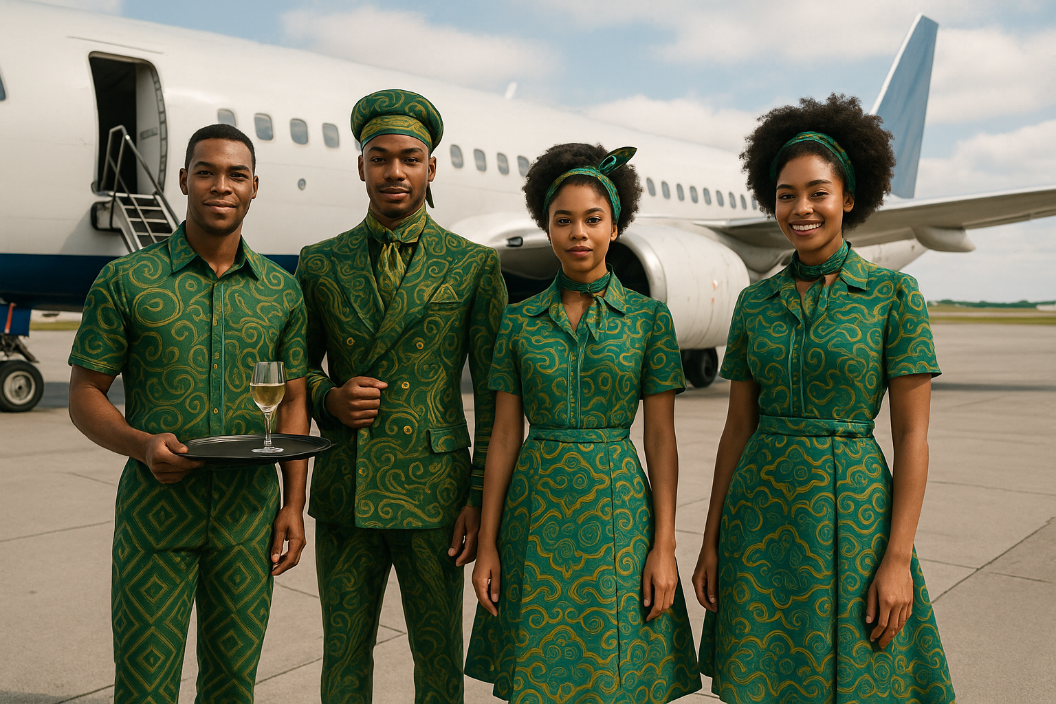 Quatre membres de l’équipage Fly Gabon posent devant un avion, vêtus d’uniformes verts aux motifs dorés inspirés de l’art gabonais. Deux hôtesses portent des robes cintrées assorties à un foulard, tandis que les stewards arborent chemise et costume coordonnés. La scène illustre prestige, unité et fierté nationale.