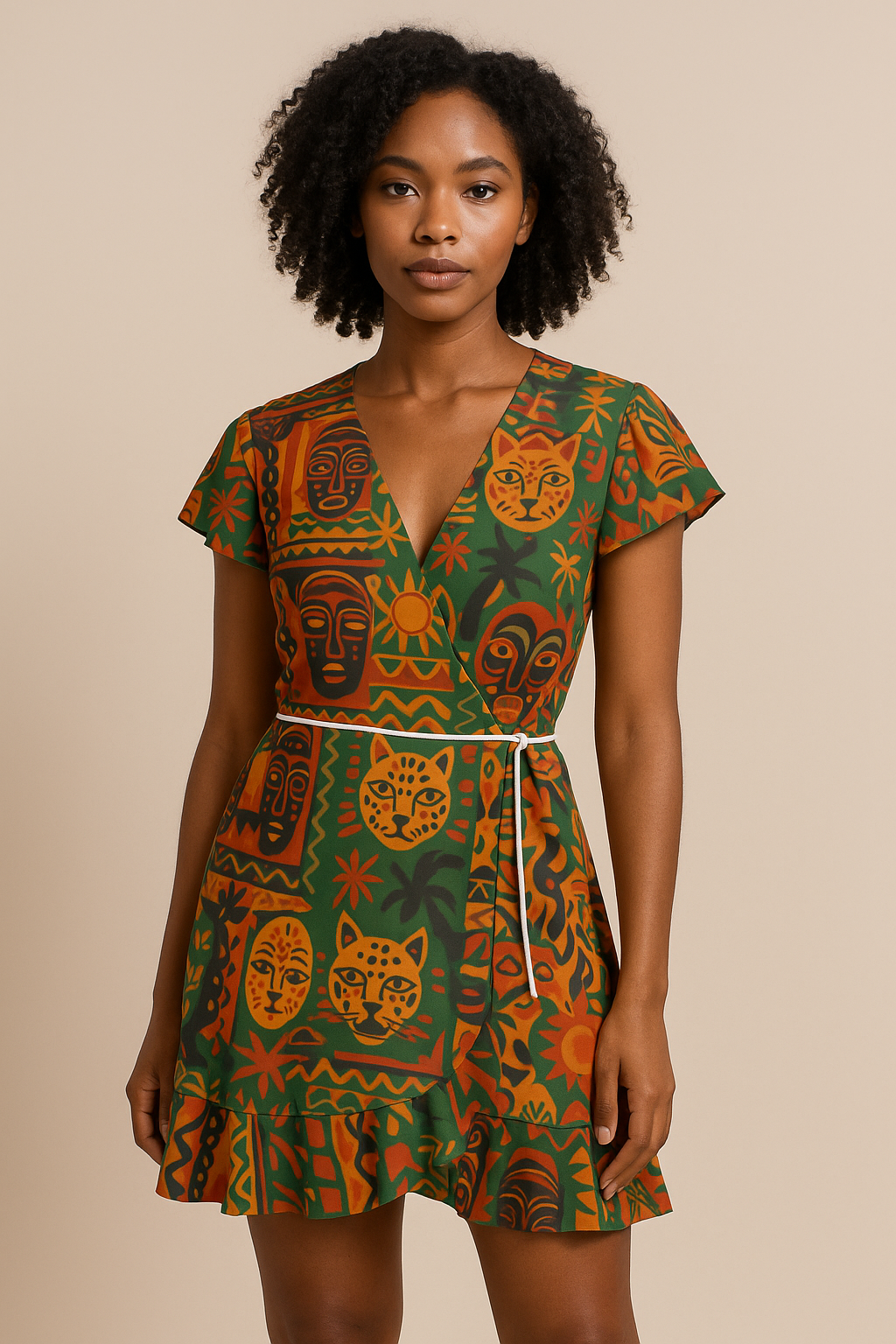 robe à volants Afro Luxe avec dessins exclusifs, mélange de vert, orange et doré, coupe flatteuse pour femme.