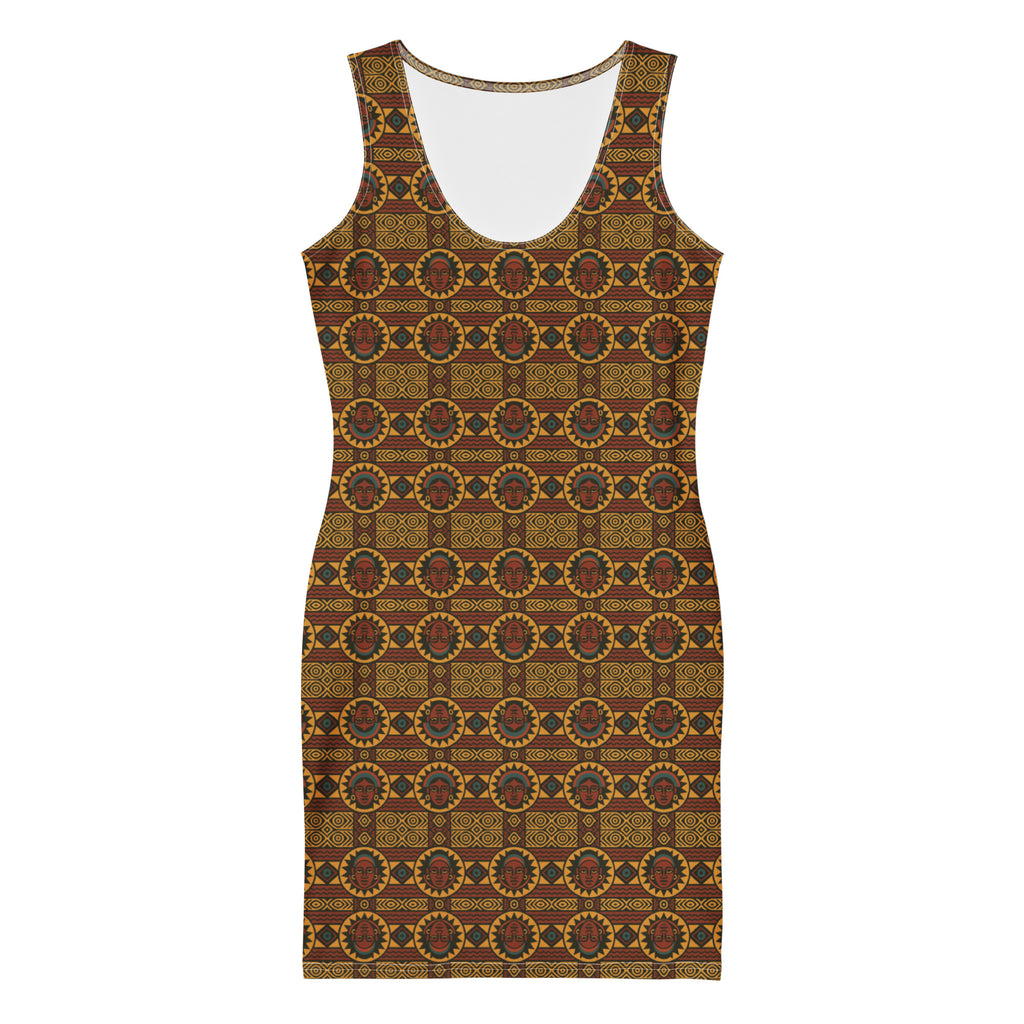 Robe moulante Kaya Lumina en imprimé africain luxe, coupe ajustée, tissu extensible éco-responsable, création Élisabeth Akaïa Kaï pour femmes élégantes afro chic