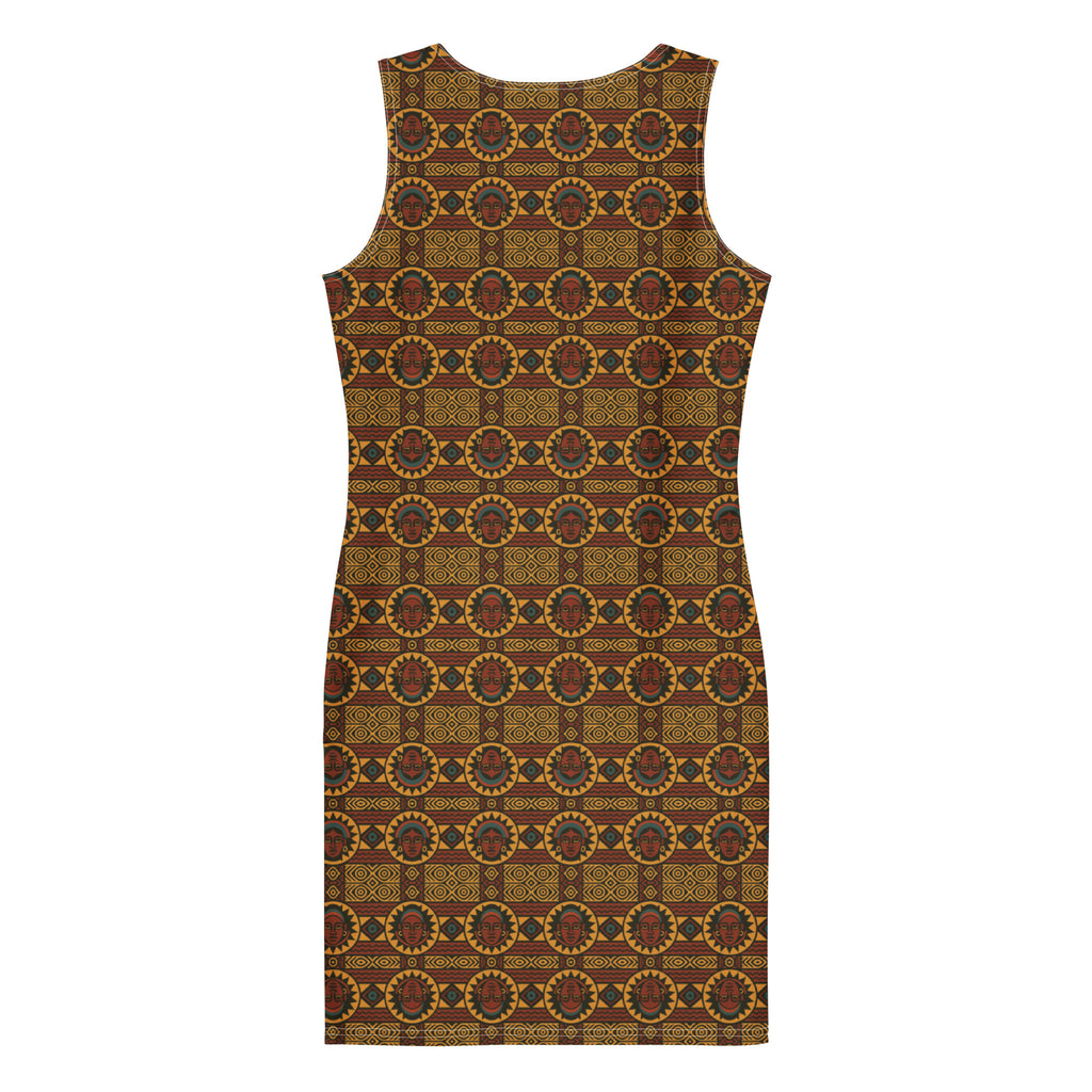 Robe moulante Kaya Lumina vue de dos, design imprimé africain haut de gamme, coupe féminine élégante, tissu premium éco-responsable, création afro luxe Élisabeth Akaïa Kaï