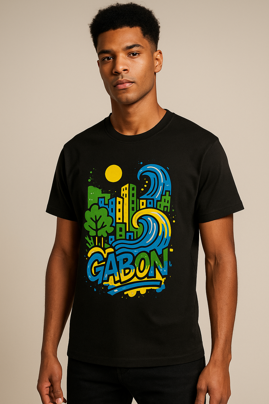 T-shirt noir Ondya unisexe, coton biologique premium, imprimé Gabon afro luxe avec soleil et vague, mode durable haut de gamme.