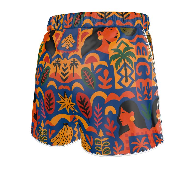 Short Isla Sol par Élisabeth Akaïa Kaï, imprimé tropical coloré, confection artisanale en soie ou coton de luxe, vue avant du vêtement.