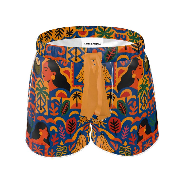 Short Isla Sol par Élisabeth Akaïa Kaï, imprimé tropical coloré, confection artisanale en soie ou coton de luxe, vue avant du vêtement.