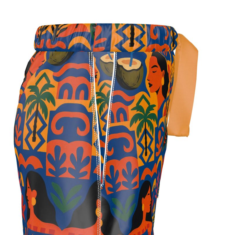 Short Isla Sol par Élisabeth Akaïa Kaï, imprimé tropical coloré, confection artisanale en soie ou coton de luxe, vue avant du vêtement.