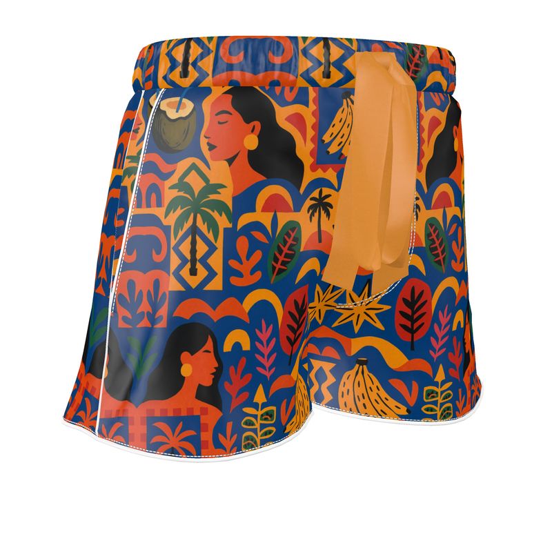 Short Isla Sol par Élisabeth Akaïa Kaï, imprimé tropical coloré, confection artisanale en soie ou coton de luxe, vue avant du vêtement.