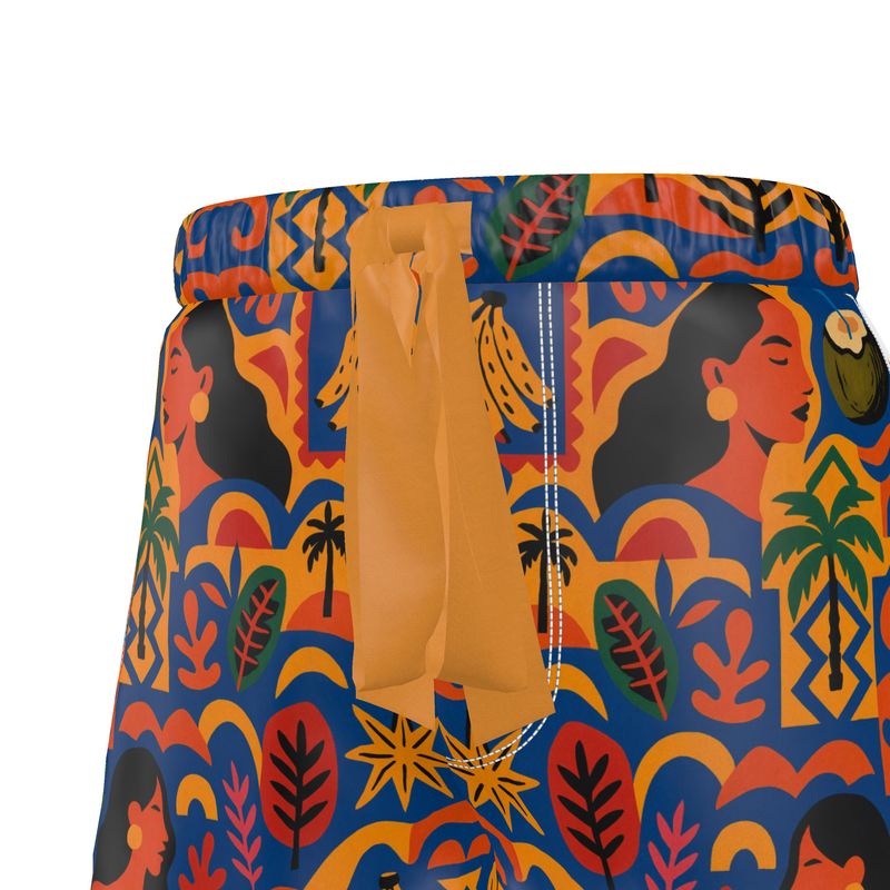 Short Isla Sol par Élisabeth Akaïa Kaï, imprimé tropical coloré, confection artisanale en soie ou coton de luxe, vue avant du vêtement.