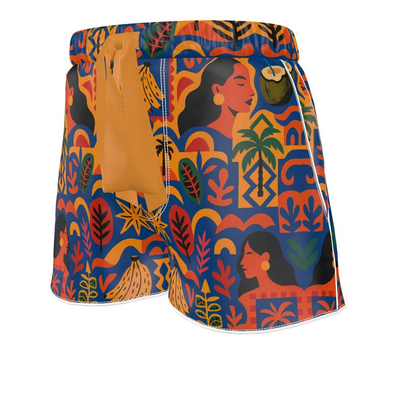 Short Isla Sol par Élisabeth Akaïa Kaï, imprimé tropical coloré, confection artisanale en soie ou coton de luxe, vue avant du vêtement.