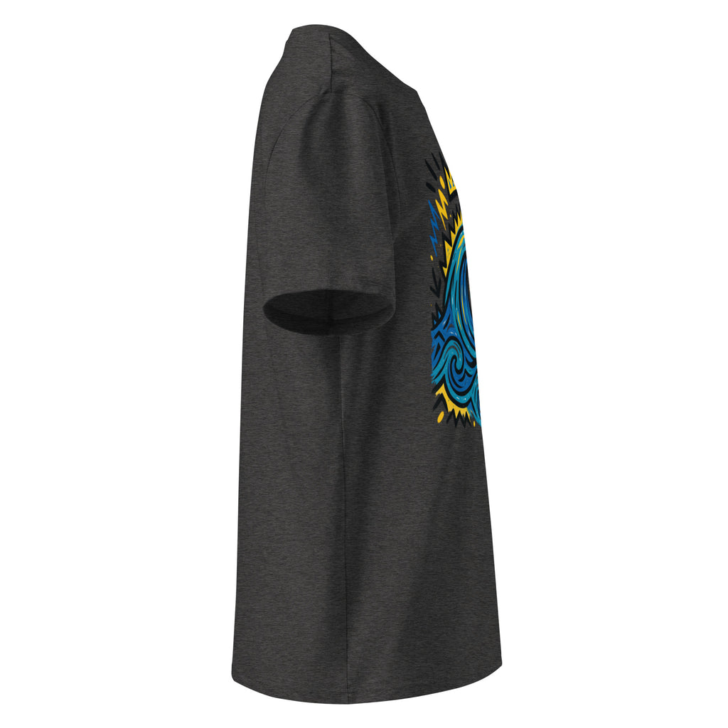 T-shirt Ondja gris foncé chiné unisexe coton biologique, imprimé artistique vague bleue et couronne jaune, slow fashion afro luxe