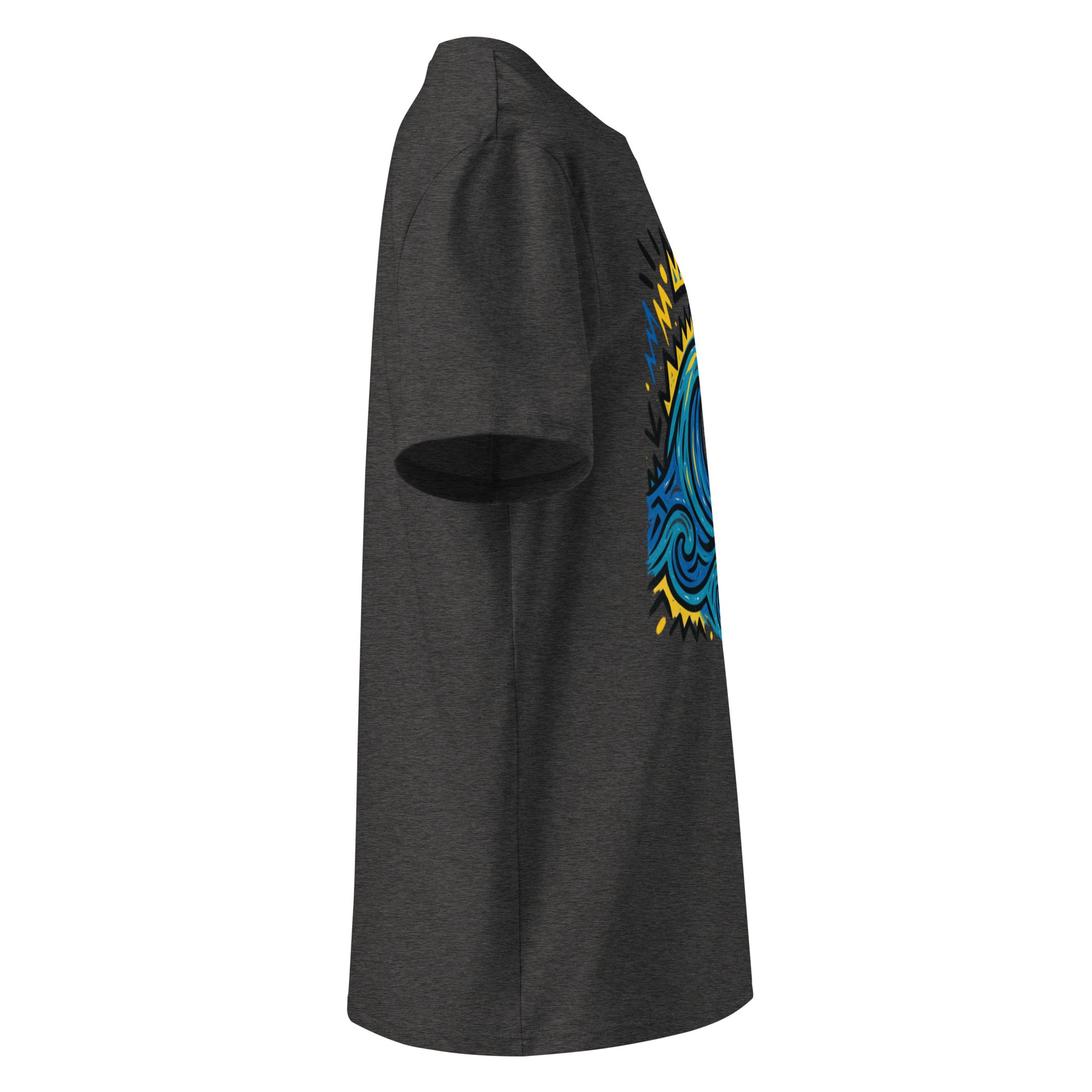 T-shirt Ondja gris foncé chiné unisexe coton biologique, imprimé artistique vague bleue et couronne jaune, slow fashion afro luxe
